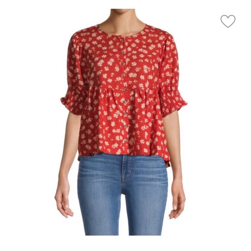 Madewell Red Floral Puff Short Sleeve Top Size XS